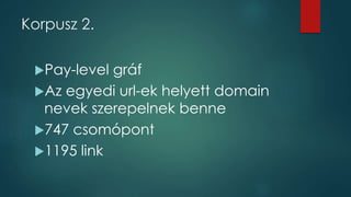 Korpusz 2.
Pay-level gráf
Az egyedi url-ek helyett domain
nevek szerepelnek benne
747 csomópont
1195 link
 