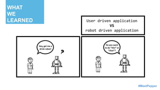 Do you want
to do *this* or
*that*?
WHAT
WE
LEARNED
Hey, get me a
drink robot!
User driven application
VS
robot driven app...