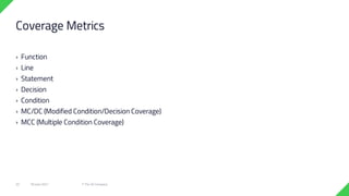 › Function
› Line
› Statement
› Decision
› Condition
› MC/DC (Modified Condition/Decision Coverage)
› MCC (Multiple Condition Coverage)
18 June 2021 © The Qt Company
20
Coverage Metrics
 