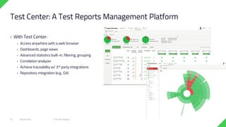 › With Test Center:
› Access anywhere with a web browser
› Dashboards, page views
› Advanced statistics built-in; filtering, grouping
› Correlation analyzer
› Achieve traceability w/ 3rd party integrations
› Repository integration (e.g., Git)
18 June 2021 © The Qt Company
22
Test Center: A Test Reports Management Platform
 