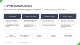 As the owner of Qt, we own the
IP. This gives us the unique ability
to provide the ultimate in
customer support experience as
we can provide a direct
relationship with our R&D
organization.
With expert trainers that are
experienced practitioners, we
move beyond theory, providing
valuable high impact training that
outlines specific business goals.
We deliver software design and
implementation services to
enhance the solution and end-
to-end project lifecycle
management from idea to the
product phase-out.
A deep dive into technology
considerations, user experience
design, software architecture
and best practices. We eliminate
risks early by advising on best Qt
practices.
Shorten
Time to Market
Minimize
Total Cost of Ownership
Mitigate Technical and
Security Risks
Optimize
Performance
Harness the Power
of Qt Ecosystem
18 June 2021 Proprietary and Confidential
28
Qt Professional Services
Workshops Custom Services Training Services Unique Support
We're a think tank of subject matter experts and practitioners on a mission to build your world with Qt.
 