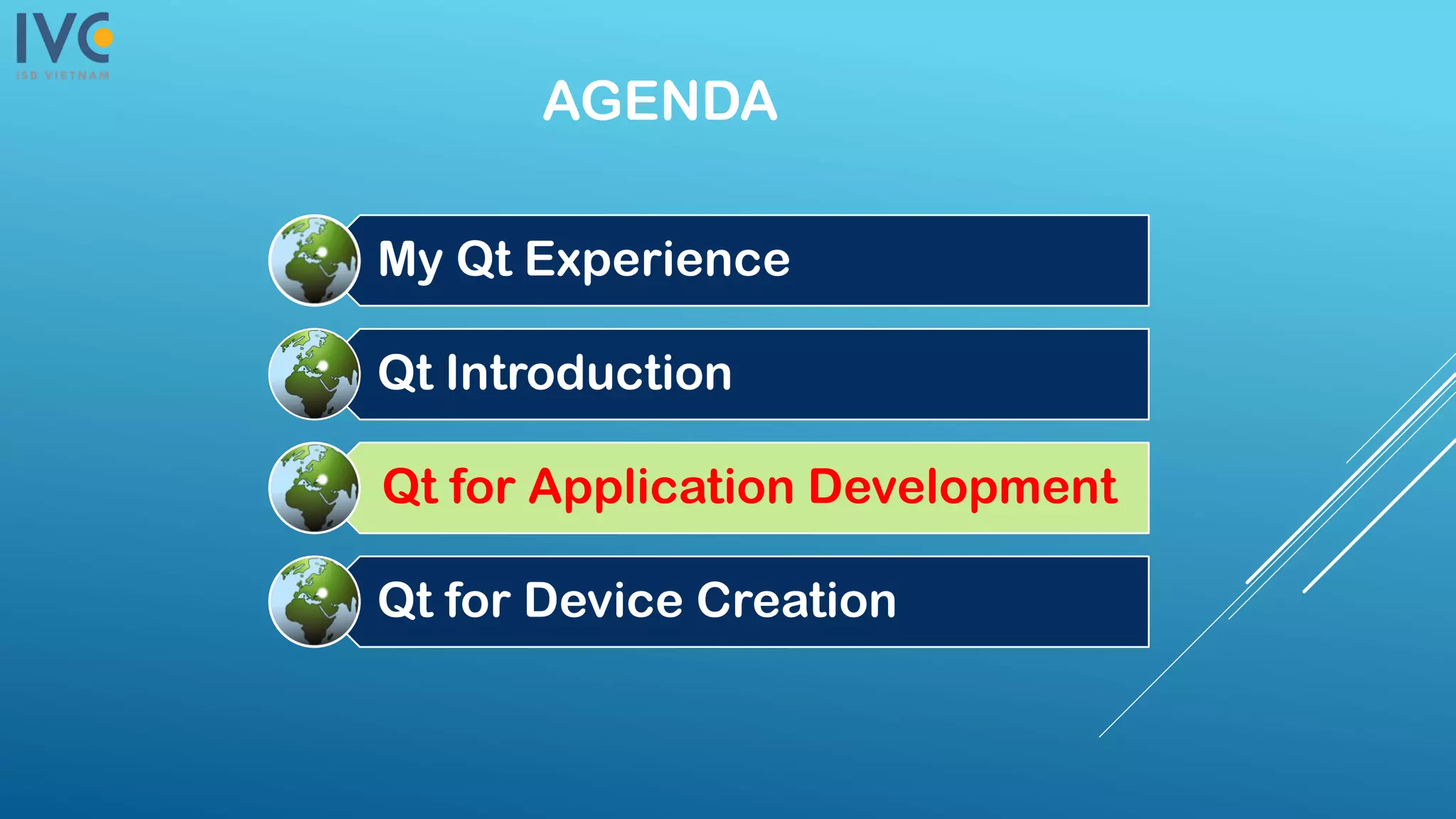AGENDA
My Qt Experience
Qt Introduction
Qt for Application Development
Qt for Device Creation
 