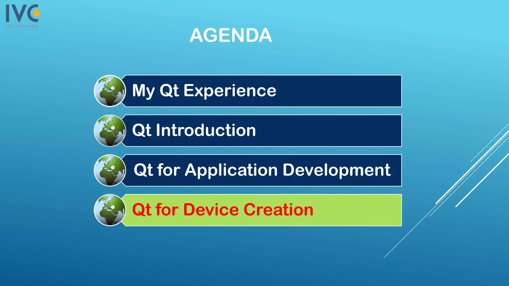 AGENDA
My Qt Experience
Qt Introduction
Qt for Application Development
Qt for Device Creation
 