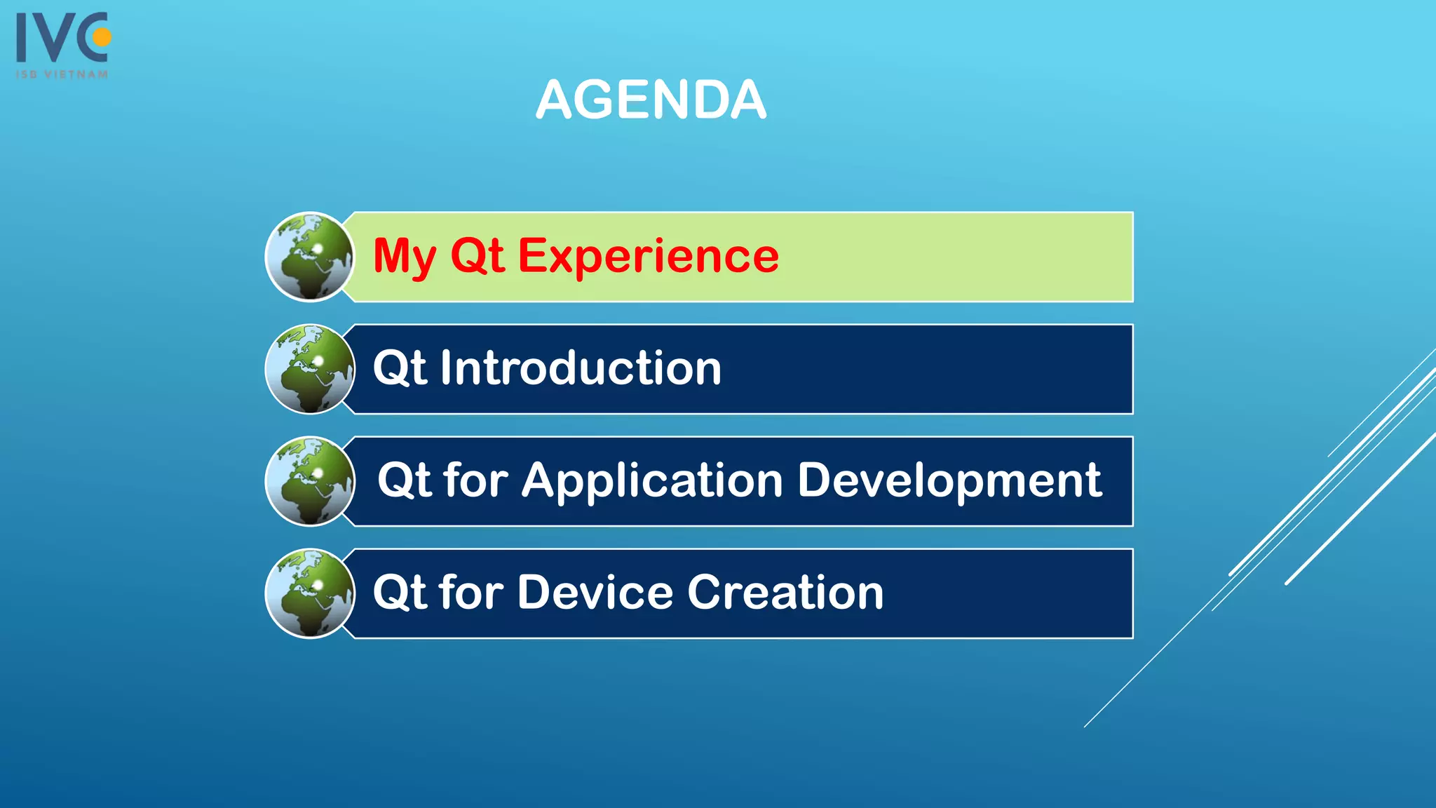 AGENDA
My Qt Experience
Qt Introduction
Qt for Application Development
Qt for Device Creation
 
