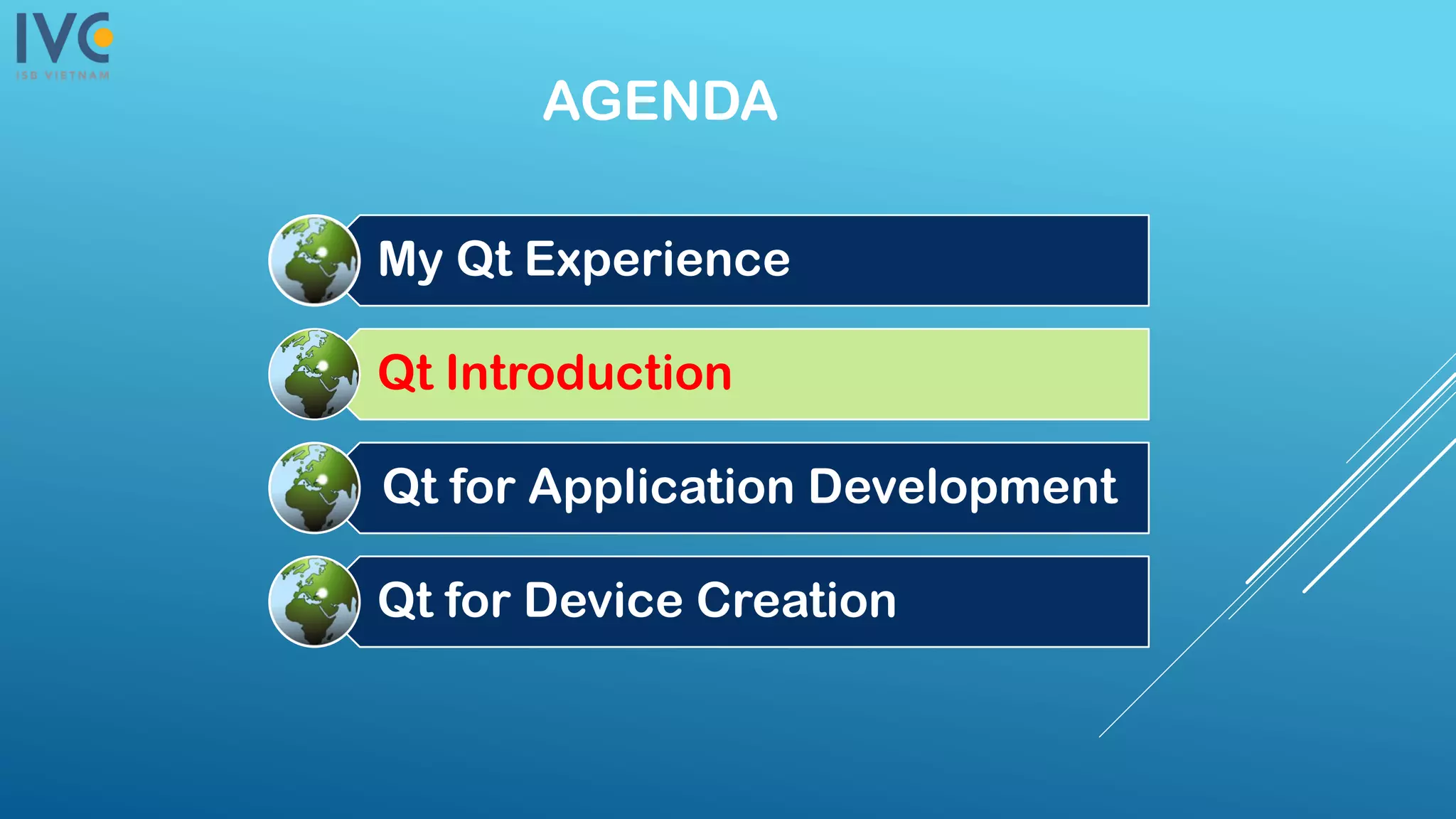 AGENDA
My Qt Experience
Qt Introduction
Qt for Application Development
Qt for Device Creation
 