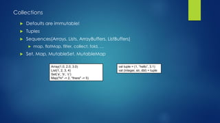 Collections
 Defaults are immutable!
 Tuples
 Sequences(Arrays, Lists, ArrayBuffers, ListBuffers)
 map, flatMap, filter, collect, fold, …
 Set, Map, MutableSet, MutableMap
val tuple = (1, “hello”, 3.1)
val (integer, str, dbl) = tuple
Array(1.0, 2.0, 3.0)
List(1, 2, 3, 4)
Set(‘a’, ‘b’, ‘c’)
Map("hi" -> 2, "there" -> 5)
 