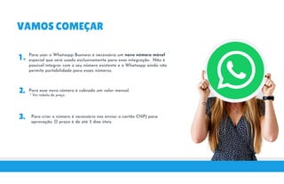 VAMOS COMEÇAR
Para usar o Whatsapp Business é necessário um novo n mero móvel
1 . Para usar o Whatsapp Business é necessário um novo número móvel
especial que será usado exclusivamente para essa integração. Não é
possível integrar com o seu número existente e o Whatsapp ainda não
permite portabilidade para esses números.
2. Para esse novo número é cobrado um valor mensal.
* Ver tabela de preço.
2.
3.
Para esse novo número é cobrado um valor mensal.
* Ver tabela de preço.
Para criar o número é necessário nos enviar o cartão CNPJ para
aprovação. O prazo é de até 3 dias úteis.
 