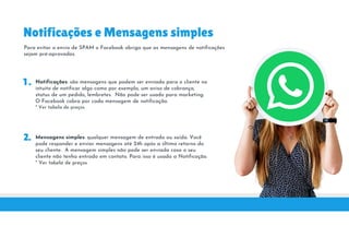 Notificações e Mensagens simples
Para evitar o envio de SPAM o Facebook obriga que as mensagens de notíficações
sejam pré-aprovadas.
1 . Notificações: são mensagens que podem ser enviada para o cliente no
intuito de notificar algo como por exemplo, um aviso de cobrança,
status de um pedido, lembretes. Não pode ser usado para marketing.
O Facebook cobra por cada mensagem de notificação.
* Ver tabela de preços
2. Mensagens simples: qualquer mensagem de entrada ou saída. Você
pode responder e enviar mensagens até 24h após a último retorno do
seu cliente. A mensagem simples não pode ser enviada caso o seu
cliente não tenha entrado em contato. Para isso é usada a Notificação.
* Ver tabela de preços* Ver tabela de preços
 