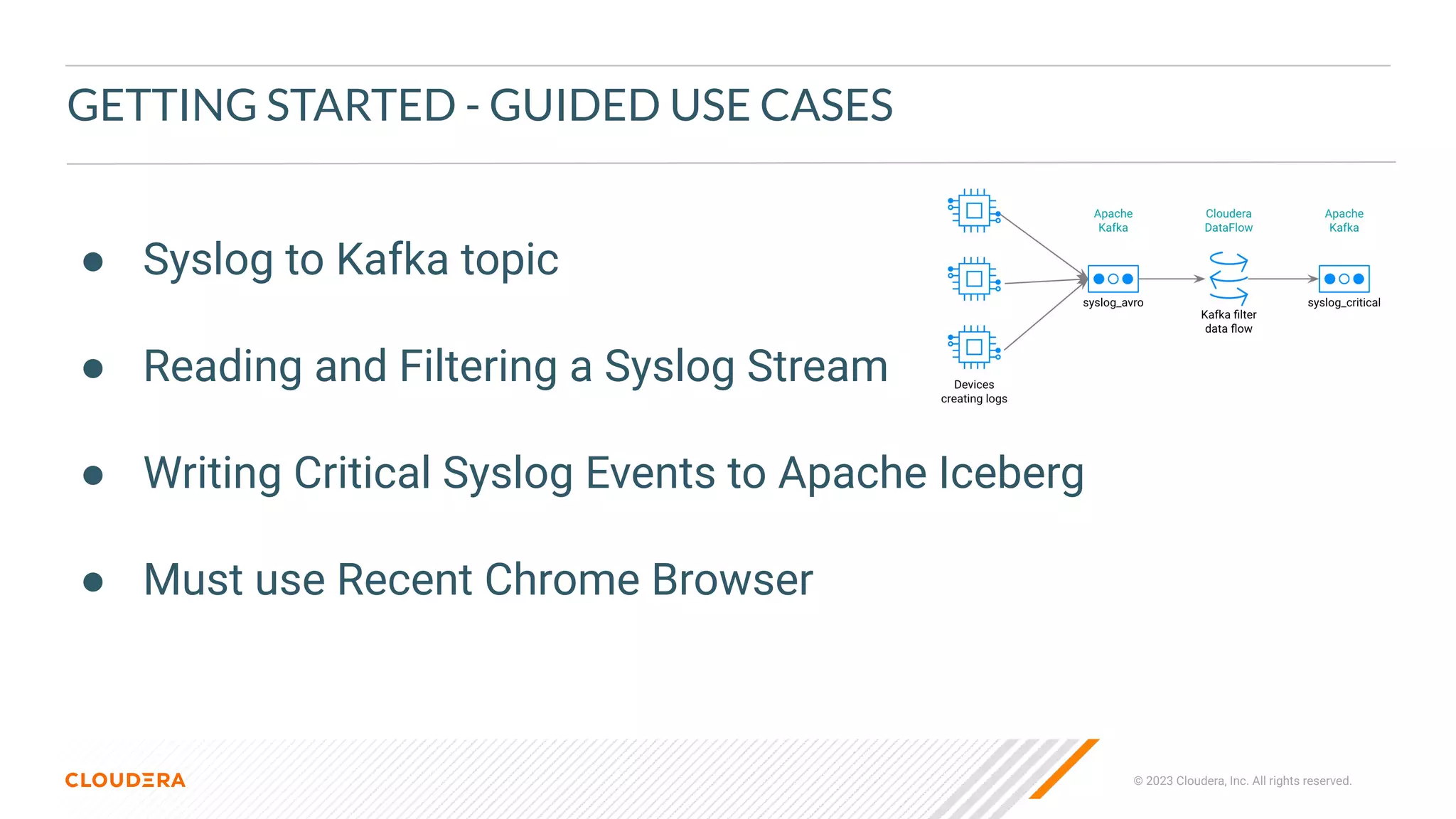 © 2023 Cloudera, Inc. All rights reserved.
GETTING STARTED - GUIDED USE CASES
● Syslog to Kafka topic
● Reading and Filtering a Syslog Stream
● Writing Critical Syslog Events to Apache Iceberg
● Must use Recent Chrome Browser
 