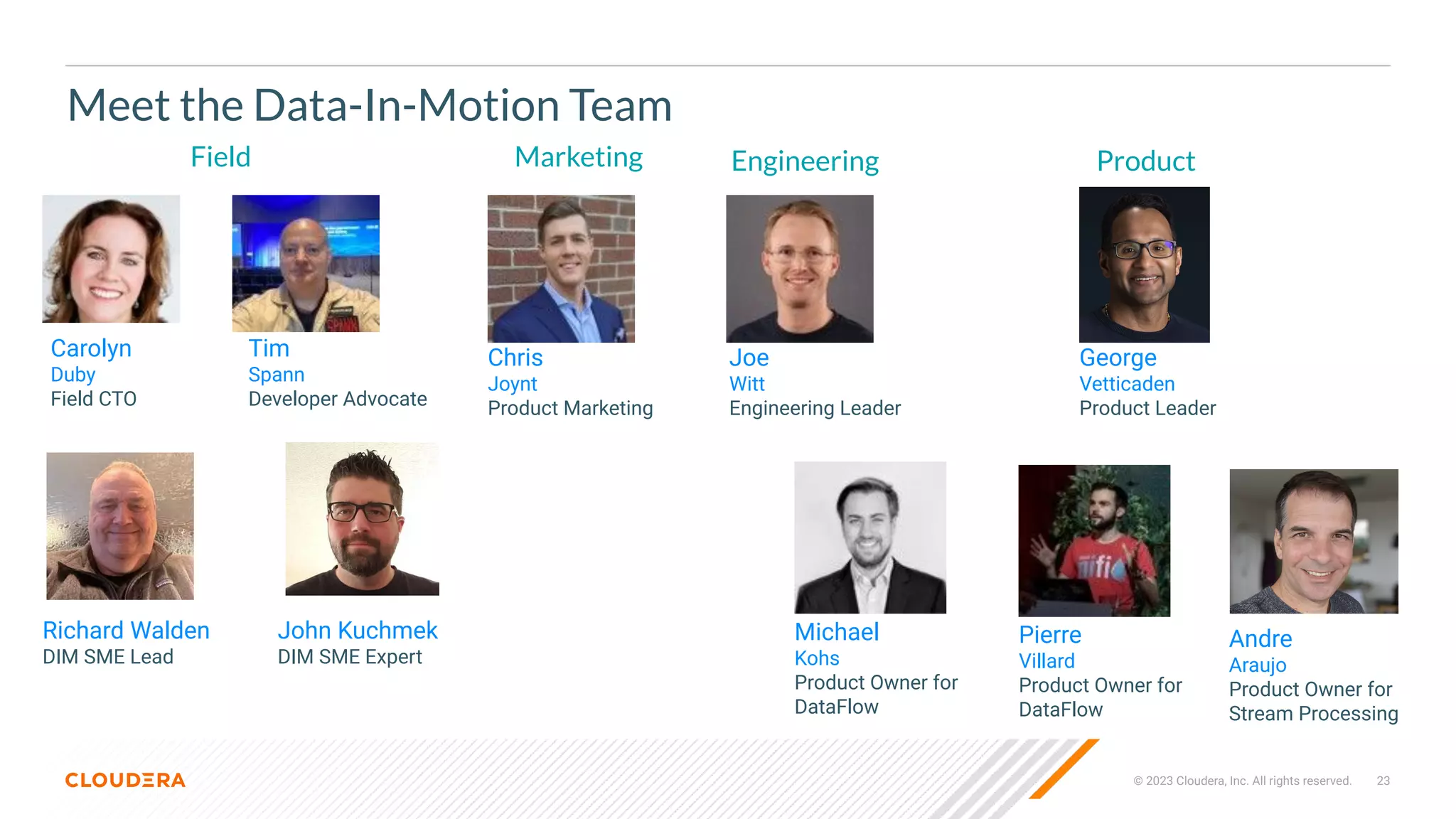 23
© 2023 Cloudera, Inc. All rights reserved.
Marketing
Carolyn
Duby
Field CTO
Field
Meet the Data-In-Motion Team
Tim
Spann
Developer Advocate
Richard Walden
DIM SME Lead
Engineering Product
Chris
Joynt
Product Marketing
Joe
Witt
Engineering Leader
George
Vetticaden
Product Leader
Michael
Kohs
Product Owner for
DataFlow
Pierre
Villard
Product Owner for
DataFlow
Andre
Araujo
Product Owner for
Stream Processing
John Kuchmek
DIM SME Expert
 