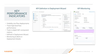 28
© 2023 Cloudera, Inc. All rights reserved.
KEY
PERFORMANCE
INDICATORS
• Visibility into ﬂow deployments
• Track high level ﬂow
performance
• Track in-depth NiFi component
metrics
• Deﬁned in Deployment Wizard
• Monitoring & Alerts in
Deployment Details
KPI Deﬁnition in Deployment Wizard KPI Monitoring
 