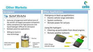 Other Markets
Emergency or back-up applications:
• Electric vehicle range extenders
• System resilience
• Remote power for sensors
Using the hydrogen:
• Cleaning up particulates from diesel engines
• Remote weather balloons
Cella’s Range
extender design
Aerospace Other Applications
Filter Box
H2
Foam unit for
insulation
and
containment
• Exclusive arrangement with Safran (one of
the world’s 10 largest aerospace companies)
• Safety compliance for high pressures and
liquid hydrogen difficult for aerospace
• Multiple potential applications
• Willing to invest in
new technology
Cella’s Aerospace
test system
122
 