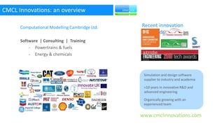 Computational Modelling Cambridge Ltd.
Software | Consulting | Training
- Powertrains & fuels
- Energy & chemicals
www.cmclinnovations.com
Simulation and design software
supplier to industry and academia
>10 years in innovative R&D and
advanced engineering
Organically growing with an
experienced team
Recent innovation
awards
CMCL Innovations: an overview
 