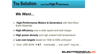 CARBON EFFICIENT SOLUTIONS
 High-Performance Motors & Generators with Non-Rare
Earth Materials
 High efficiency over a wide speed and load ranges
 High power density and high coolant inlet temperature
 Low cost targets based on 100k to 500k units/year
 Cost USD $/kW < 4.7 …eventually … true cost? may be…
We Want…
The Solution: Low Cost High Performance
 