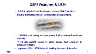 OSPE
228
OSPE Features & USPs
• 1, 2 & 4 cylinder 2-stroke stepped pistons, SI & CI versions
• Double diameter piston or under piston does pumping
• ~ 20-30% cost saving vs same power, fuel economy & emission
4-stroke.
• ~ 10-15% weight saving vs same power, fuel economy &
emission 4-stroke.
• Improved NVH: ~90% Reduced shaking forces vs L4 4-stroke
 