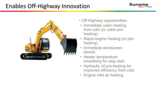Enables Off-Highway Innovation
• Off-Highway opportunities:
• Immediate cabin heating
from cold (or cabin pre-
heating)
• Rapid engine heating (or pre-
heating)
• Immediate windscreen
demist
• Heater temperature
smoothing for stop start
• Hydraulic oil pre-heating for
improved efficiency from cold
• Engine inlet air heating
 