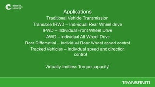 Applications
Traditional Vehicle Transmission
Transaxle IRWD – Individual Rear Wheel drive
IFWD – Individual Front Wheel Drive
IAWD – Individual All Wheel Drive
Rear Differential – Individual Rear Wheel speed control
Tracked Vehicles – Individual speed and direction
control
Virtually limitless Torque capacity!
 