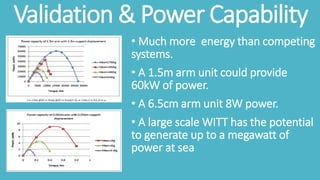 Validation & Power Capability
• Much more energy than competing
systems.
• A 1.5m arm unit could provide
60kW of power.
• A 6.5cm arm unit 8W power.
• A large scale WITT has the potential
to generate up to a megawatt of
power at sea
 