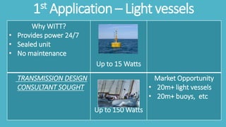 1st Application – Light vessels
Why WITT?
• Provides power 24/7
• Sealed unit
• No maintenance
Up to 15 Watts
TRANSMISSION DESIGN
CONSULTANT SOUGHT
Up to 150 Watts
Market Opportunity
• 20m+ light vessels
• 20m+ buoys, etc
 