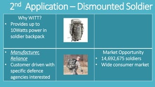 2nd Application – Dismounted Soldier
Why WITT?
• Provides up to
10Watts power in
soldier backpack
• Manufacturer,
Reliance
• Customer driven with
specific defence
agencies interested
Market Opportunity
• 14,692,675 soldiers
• Wide consumer market
 