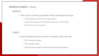 SPARCS & CREEV – Testing
SPARCS
• 100s of hours of testing completed in AIE’s development test rigs
• Thermal stability achieved at high engine powers
• Engine rotor temperature 50% of that normally seen in a ACR engine
• 80% reduction in oil consumption
CREEV
• Initial prototype Expander Unit test completed in AIE’s test cells
• 20% increase in power
• 20% reduction in sfc
• Greatly reduced engine noise and exhaust gas temperature
 