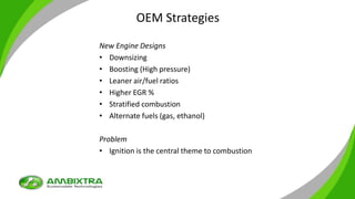 OEM Strategies
New Engine Designs
• Downsizing
• Boosting (High pressure)
• Leaner air/fuel ratios
• Higher EGR %
• Stratified combustion
• Alternate fuels (gas, ethanol)
Problem
• Ignition is the central theme to combustion
 