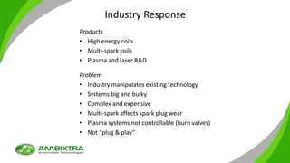 Industry Response
Products
• High energy coils
• Multi-spark coils
• Plasma and laser R&D
Problem
• Industry manipulates existing technology
• Systems big and bulky
• Complex and expensive
• Multi-spark affects spark plug wear
• Plasma systems not controllable (burn valves)
• Not “plug & play”
 