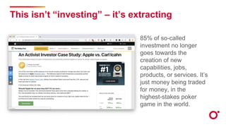 This isn’t “investing” – it’s extracting
85% of so-called
investment no longer
goes towards the
creation of new
capabilities, jobs,
products, or services. It’s
just money being traded
for money, in the
highest-stakes poker
game in the world.
 