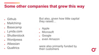 Some other companies that grew this way
Github
Mailchimp
Basecamp
Lynda.com
Shutterstock
Wordpress
Atlassian
Qualtrics
But also, given how little capital
they raised…
Apple
Microsoft
Google
even Amazon
were also primarily funded by
their customers
 