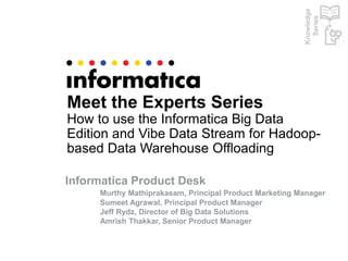 Meet the Experts Series
How to use the Informatica Big Data
Edition and Vibe Data Stream for Hadoop-
based Data Warehouse Offloading
Informatica Product Desk
Murthy Mathiprakasam, Principal Product Marketing Manager
Sumeet Agrawal, Principal Product Manager
Jeff Rydz, Director of Big Data Solutions
Amrish Thakkar, Senior Product Manager
Knowledge
Series
 