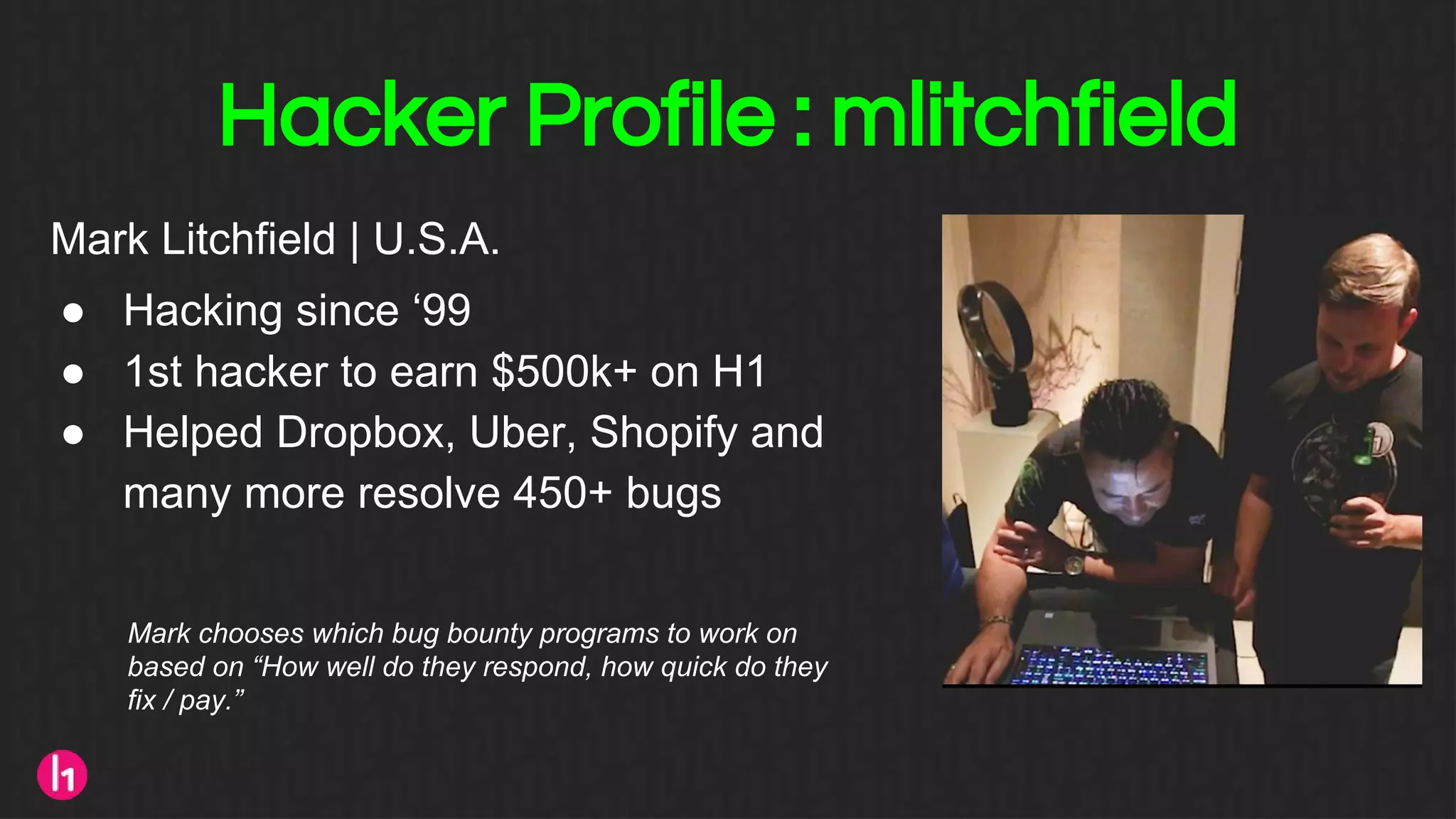 Hacker Profile : mlitchfield
Mark Litchfield | U.S.A.
● Hacking since ‘99
● 1st hacker to earn $500k+ on H1
● Helped Dropbox, Uber, Shopify and
many more resolve 450+ bugs
Mark chooses which bug bounty programs to work on
based on “How well do they respond, how quick do they
fix / pay.”
 