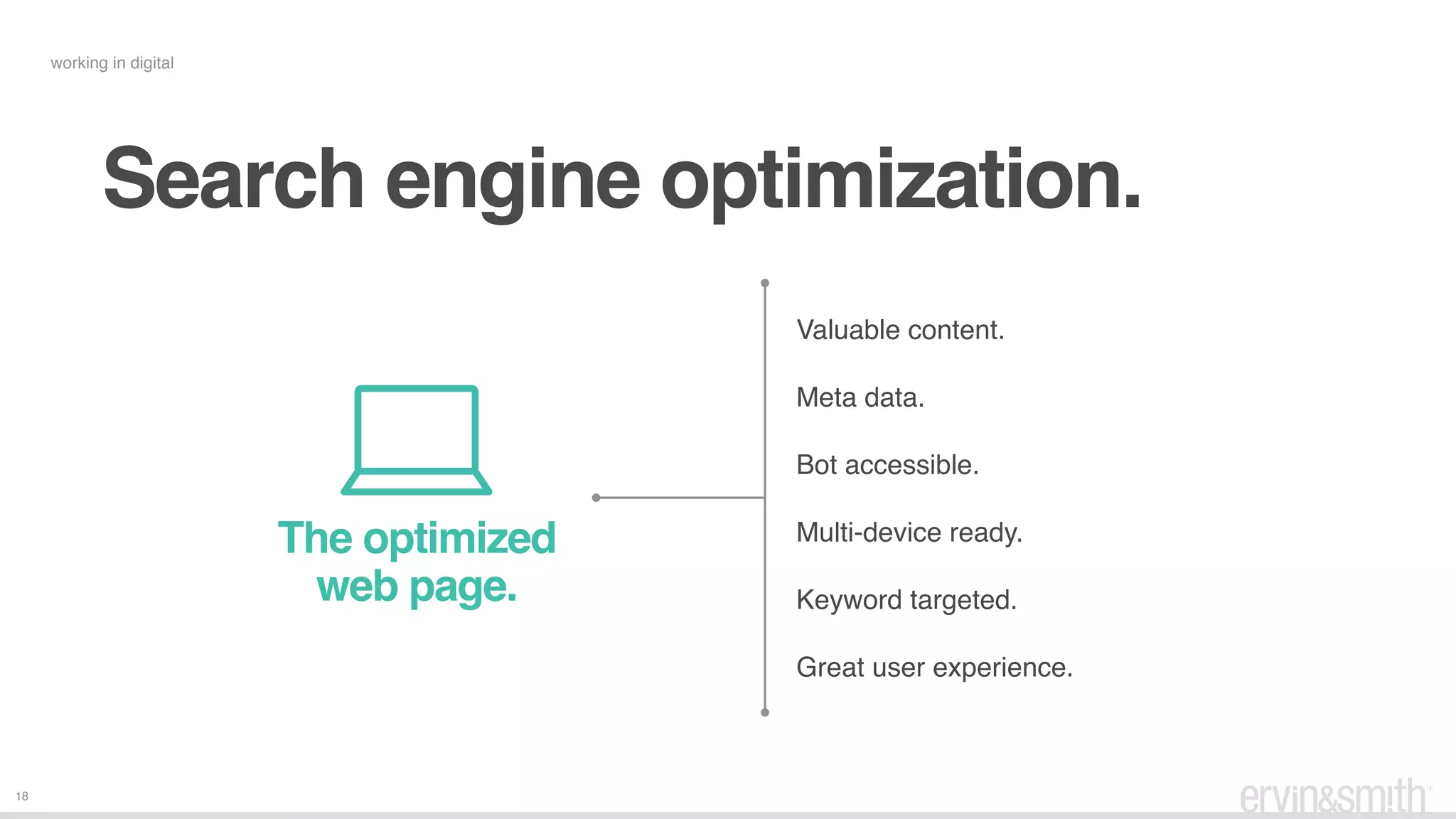 18
Search engine optimization.
working in digital
Valuable content.
Meta data.
Bot accessible.
Multi-device ready.
Keyword targeted.
Great user experience.
The optimized
web page.
 