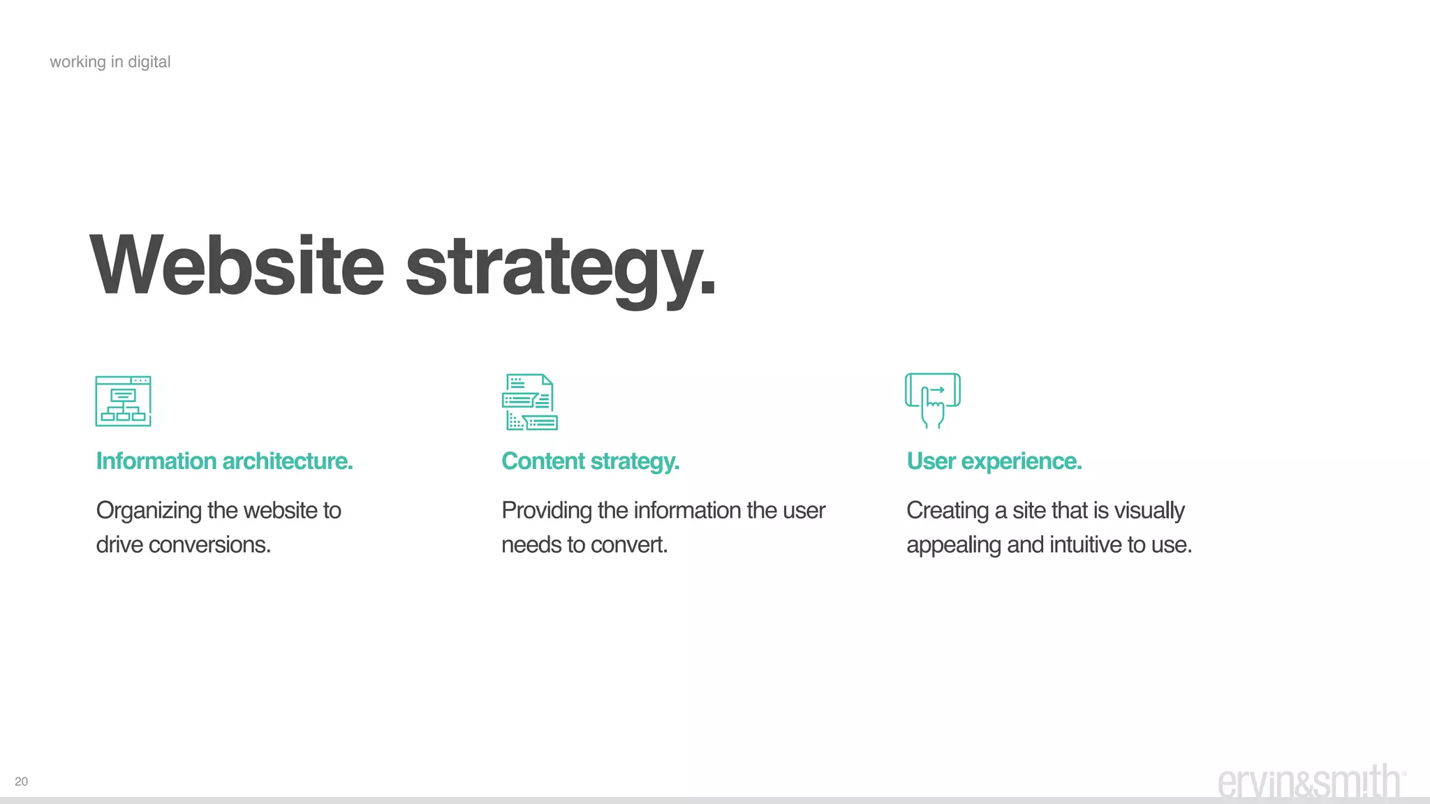 20
Website strategy.
Information architecture.
Organizing the website to  
drive conversions.
Content strategy.
Providing the information the user
needs to convert.
User experience.
Creating a site that is visually
appealing and intuitive to use.
working in digital
 