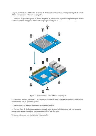 2. Agora, anexa o Sense HAT ao teu Raspberry Pi. Realiza esta tarefa com o Raspberry Pi desligado da tomada
elétrica e com todos os outros cabos desligados.
3. Aparafusa os apoios hexagonais ao próprio Raspberry Pi, introduzindo os parafusos a partir da parte inferior
e rodando os apoios hexagonais entre o dedo e o polegar (vê a Figura 2).
Figura 2 – Como montar o Sense HAT no Raspberry Pi
4. Em seguida, introduz o Sense HAT no conjunto de extensão de pinos GPIO. Os orifícios dos cantos devem
estar alinhados com os apoios hexagonais.
5. Por fim, coloca os restantes parafusos a partir da parte superior.
6. Usa uma chave de fendas pequena para apertar cada apoio de canto individualmente. Não precisas de os
apertar muito, apenas o suficiente para garantir que o HAT não fica solto.
7. Agora, estás pronto para ligar e iniciar o teu Astro Pi!
 