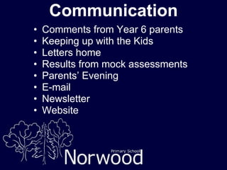 Communication Comments from Year 6 parents Keeping up with the Kids Letters home Results from mock assessments Parents’ Evening E-mail  Newsletter Website 