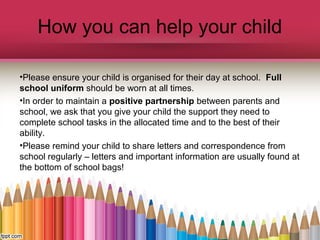 How you can help your child
•Please ensure your child is organised for their day at school. Full
school uniform should be worn at all times.
•In order to maintain a positive partnership between parents and
school, we ask that you give your child the support they need to
complete school tasks in the allocated time and to the best of their
ability.
•Please remind your child to share letters and correspondence from
school regularly – letters and important information are usually found at
the bottom of school bags!
 