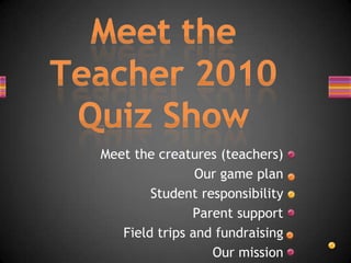 Meet the Teacher 2010 Quiz Show Meet the creatures (teachers) Our game plan Student responsibility Parent support Field trips and fundraising Our mission 