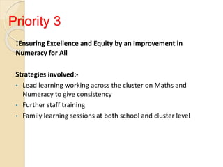 Priority 3
:Ensuring Excellence and Equity by an Improvement in
Numeracy for All
Strategies involved:-
• Lead learning working across the cluster on Maths and
Numeracy to give consistency
• Further staff training
• Family learning sessions at both school and cluster level
 