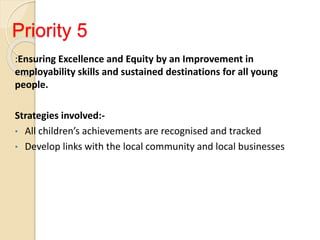 Priority 5
:Ensuring Excellence and Equity by an Improvement in
employability skills and sustained destinations for all young
people.
Strategies involved:-
• All children’s achievements are recognised and tracked
• Develop links with the local community and local businesses
 