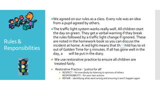 Rules&
Responsibilities
●We agreed on our rules as a class. Every rule was an idea
from a pupil agreed by others.
●The traffic light system works really well. All children start
the day on green. They get a verbal warning if they break
the rules followed by a traffic light change if ignored. These
are noted in the homework book so you can discuss the
incident at home. A red light means that the child has to sit
out of Golden Time for 5 minutes. If all has gone well in the
day, a will be put in the diary.
● We use restorative practice to ensure all children are
treated fairly.
● Restorative Practice - ‘justice for all’
● RESPECT – for everybody by listening to opinions of others
RESPONSIBILITY – for your own actions
● REPAIR - identifying what went wrong and ensuring it won’t happen again
 