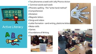 ActiveLiteracy
●Two phonemes a week with Jolly Phonics Action
● Common words each week
●Phonetic spelling - The “write-hand method”
●Comprehension
●Dictation
●Magnetic letters
●Songs and videos
●Letter formation - sand writing, plasticine letters.
●Motor skills
●Games
●Foundations of Writing
●Storytelling
 
