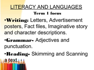 LITERACY AND LANGUAGES
Term 1 focus
•Writing: Letters, Advertisement
posters, Fact files, Imaginative story
and character descriptions.
•Grammar- Adjectives and
punctuation.
•Reading- Skimming and Scanning
a text.
 
