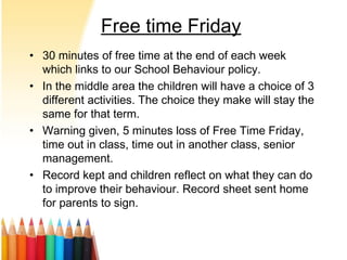 Free time Friday
• 30 minutes of free time at the end of each week
which links to our School Behaviour policy.
• In the middle area the children will have a choice of 3
different activities. The choice they make will stay the
same for that term.
• Warning given, 5 minutes loss of Free Time Friday,
time out in class, time out in another class, senior
management.
• Record kept and children reflect on what they can do
to improve their behaviour. Record sheet sent home
for parents to sign.
 