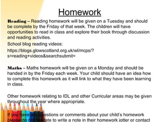 Homework
Reading –– Reading homework will be given on a Tuesday and should
be complete by the Friday of that week. The children will have
opportunities to read in class and explore their book through discussion
and reading activities.
School blog reading videos:
https://blogs.glowscotland.org.uk/wl/mcps/?
s=reading+videos&searchsubmit=
Maths – Maths homework will be given on a Monday and should be
handed in by the Friday each week. Your child should have an idea how
to complete this homework as it will link to what they have been learning
in class.
Other homework relating to IDL and other Curricular areas may be given
throughout the year where appropriate.
If you have any questions or comments about your child’s homework
please do not hesitate to write a note in their homework jotter or contact
 