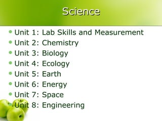 Science
 Unit   1:   Lab Skills and Measurement
 Unit   2:   Chemistry
 Unit   3:   Biology
 Unit   4:   Ecology
 Unit   5:   Earth
 Unit   6:   Energy
 Unit   7:   Space
 Unit   8:   Engineering
 