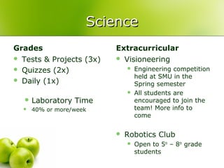 Science
Grades                      Extracurricular
   Tests & Projects (3x)    Visioneering
   Quizzes (2x)                   Engineering competition
                                    held at SMU in the
   Daily (1x)                      Spring semester
                                   All students are
     Laboratory    Time            encouraged to join the
       40% or more/week            team! More info to
                                    come

                               Robotics Club
                                   Open to 5th – 8th grade
                                    students
 