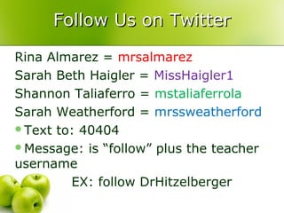 Follow Us on Twitter

Rina Almarez = mrsalmarez
Sarah Beth Haigler = MissHaigler1
Shannon Taliaferro = mstaliaferrola
Sarah Weatherford = mrssweatherford
Text to: 40404
Message: is “follow” plus the teacher
username
        EX: follow DrHitzelberger
 