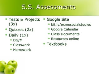 S.S. Assessments
 Tests   & Projects    Google   Site
  (3x)                    bit.ly/exmosocialstudies

 Quizzes (2x)            Google Calendar
 Daily (1x)              Class Documents
                          Resources online
   DG/M
   Classwork           Textbooks
   Homework
 