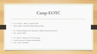 Camp-EOTC
• Yr. 6/7 Term 1 – Week 11- April 15th-18th
• 4 days 3 nights- Carey Park Camp Henderson Valley
• Yr. 7- Mountain biking / Tree Adventures / different activities from Year 6
• Cost – Year 6/7 $230
• Yr. 8 /Term 4 – Week 5/6 12-23rd November
• 1 week’s excursion to Tongariro National Park
• Cost – Year 8 – 480-$500

 