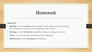 Homework
Year 6, 7, 8

• Spelling: At least 5 minutes practising their weekly spelling words either being
tested, writing the words out or by completing a short activity

• Reading: At least 15 minutes independent reading or reading to someone.
• Year 6 - to write comments each night in their reading log.
• Mathematics: At least 10 minutes on Mathletics

 